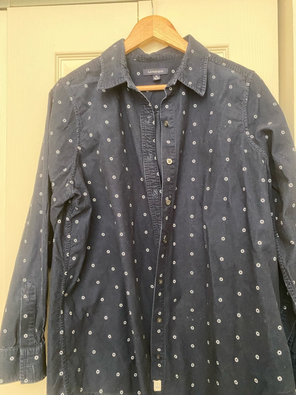Lands' End Navy Corduroy Button-Up with White Dot Motif